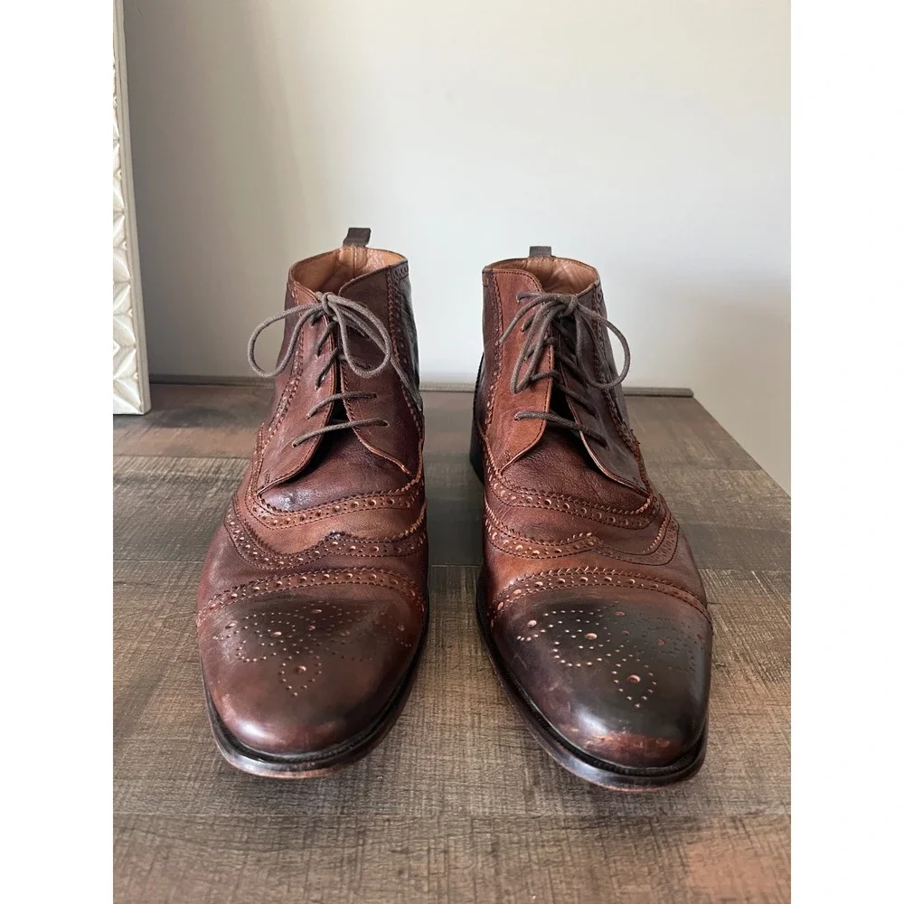 Mikekonos Mens 13 Brown Leather Wingtip Brogue Ankle Boots Made in Italy